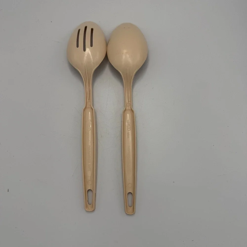 Vintage EKCO USA Plastic Serving Spoons Set Slotted Solid Almond Beige 2pc